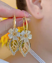 Fine Gold Sterling Silver Overgild Zircon Floral Cat's Eye Leaves Drop Earrings