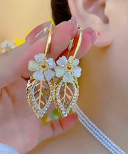 Fine Gold Sterling Silver Overgild Zircon Floral Cat's Eye Leaves Drop Earrings