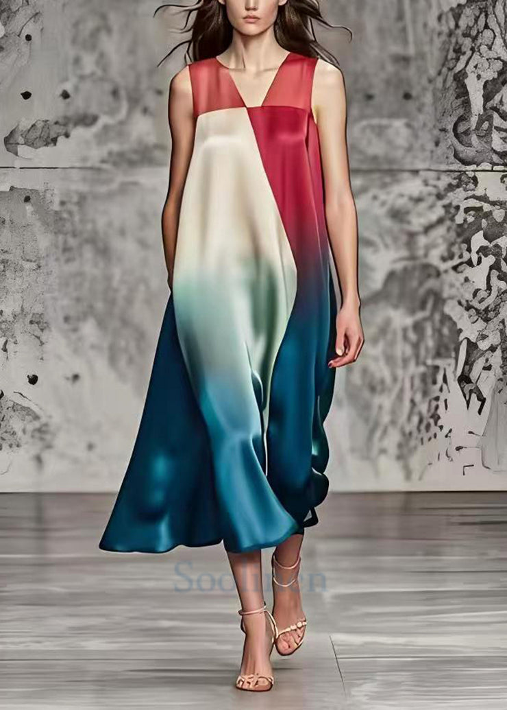 Fine Gradient Color Asymmetrical Patchwork Silk Long Dresses Summer