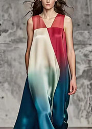 Fine Gradient Color Asymmetrical Patchwork Silk Long Dresses Summer