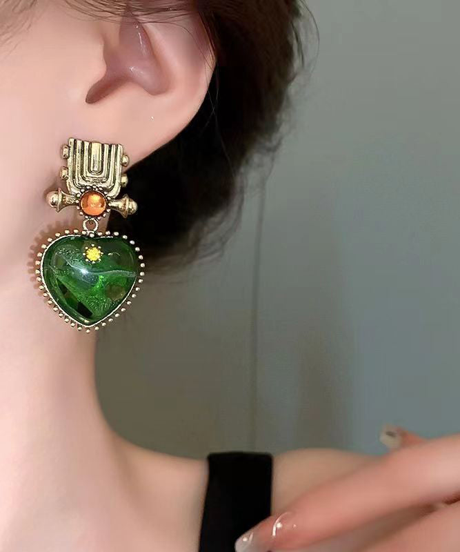 Fine Green Alloy Gem Stone Love Drop Earrings