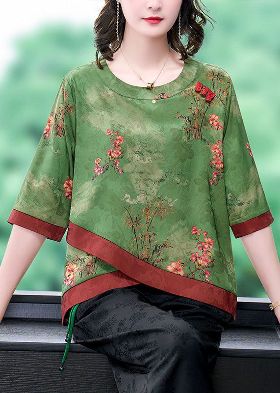 Fine Green Asymmetrical Patchwork Silk Shirts Bracelet Sleeve