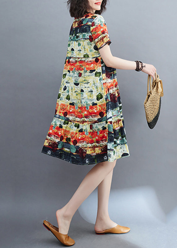 Fine Green O-Neck Print Ruffled Patchwork Mid Dress Summer