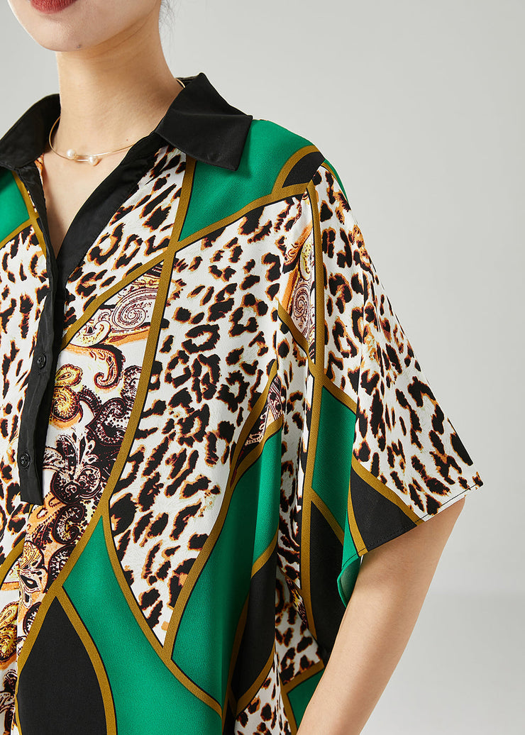 Fine Green Oversized Leopard Print Chiffon Shirts Summer