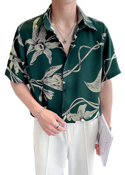 Fine Green Peter Pan Collar Print Loose Men Hawaiian Shirts Summer