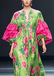 Fine Green Puff Sleeve Floral Silk Velvet Maxi Dresses Fall