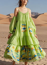 Fine Green Puff Sleeve Print Cotton Beach Dress Summer