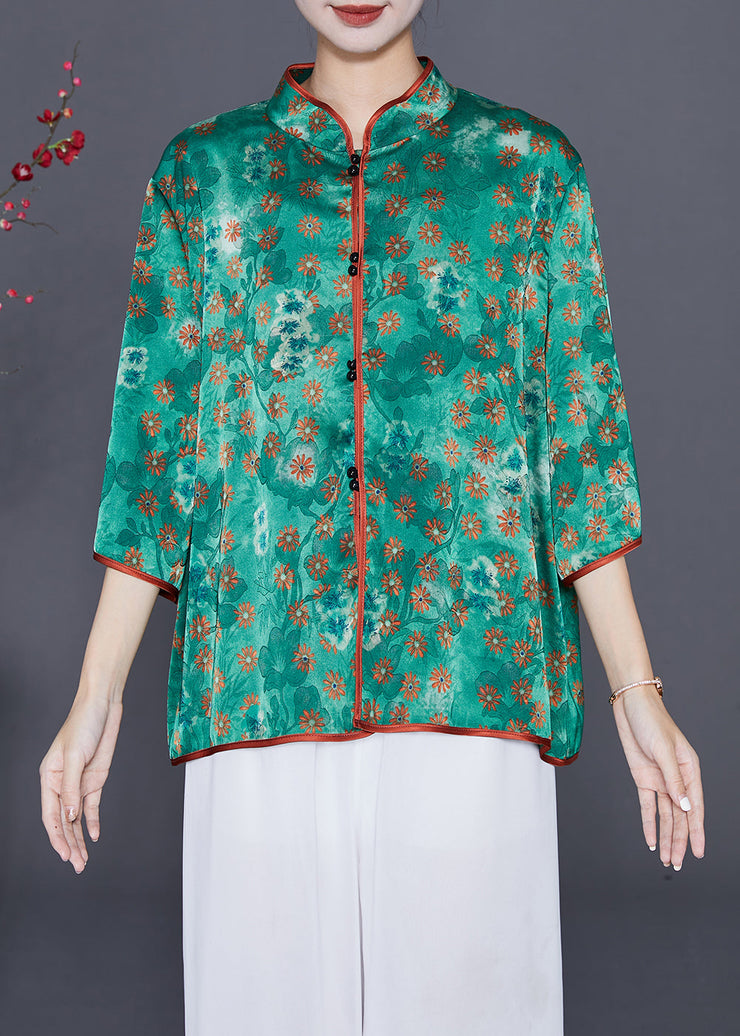 Fine Green Stand Collar Print Silk Shirts Summer