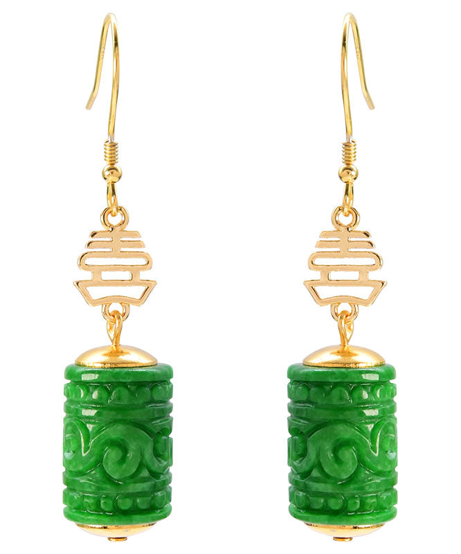 Fine Green Sterling Silver Overgild Dry Green Jade Drop Earrings