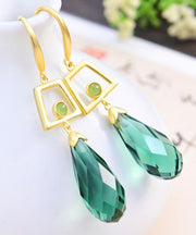 Fine Green Sterling Silver Overgild Inlaid Crystal Jade Drop Earrings