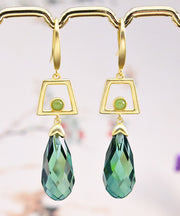 Fine Green Sterling Silver Overgild Inlaid Crystal Jade Drop Earrings