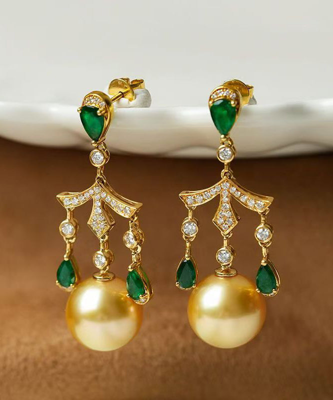 Fine Green Sterling Silver Overgild Zircon Pearl Tassel Drop Earrings