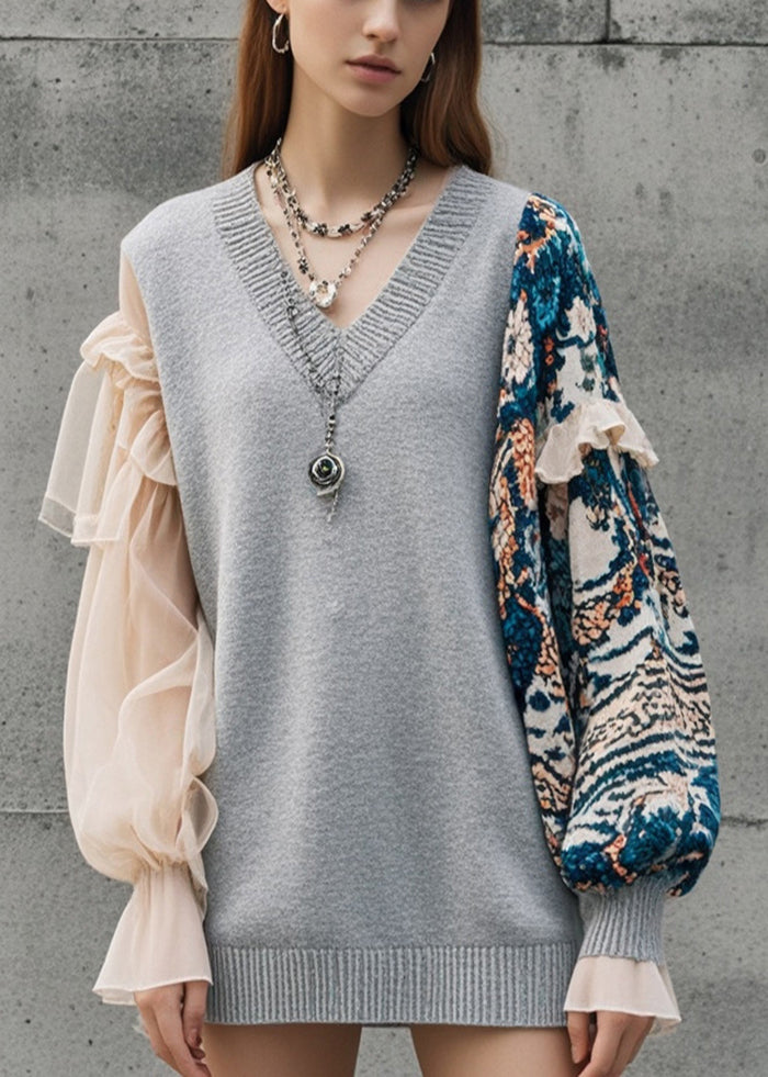 Fine Grey Asymmetrical Patchwork Knitted Tops Fall