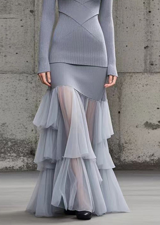 Fine Grey High Neck Patchwork Tulle Knitted Dress Fall