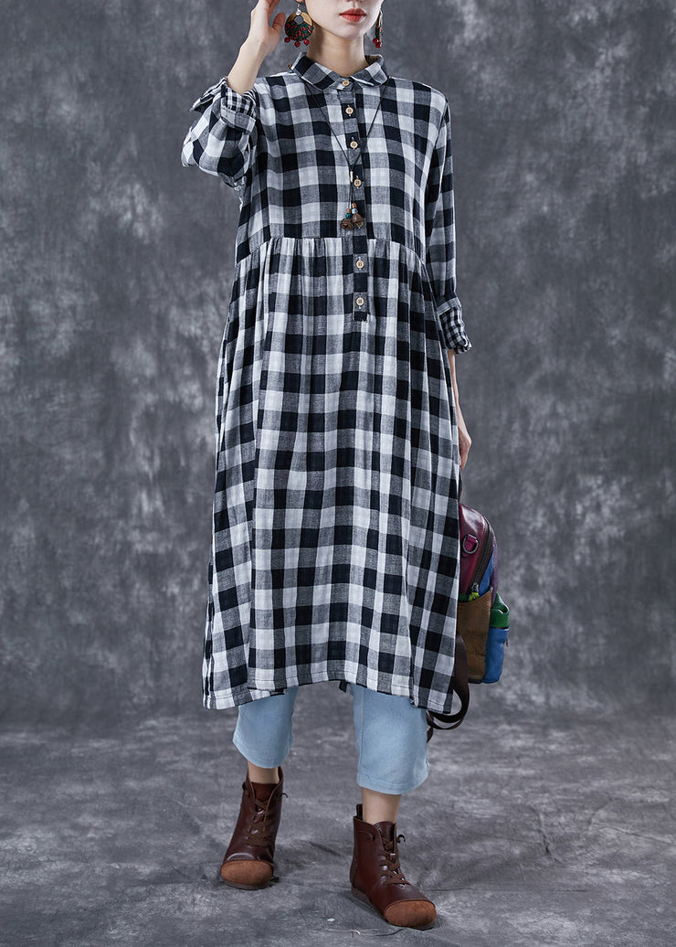 Fine Grey Oversized Plaid Cotton Maxi Dresses Spring