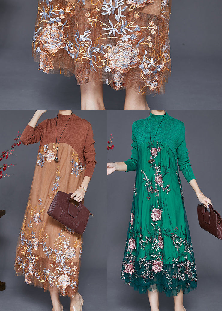 Fine Khaki Embroidered Patchwork Knit Dress Fall