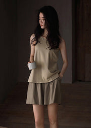 Fine Khaki O-Neck Cozy Cotton Couple Pajamas Two Pieces Set Summer