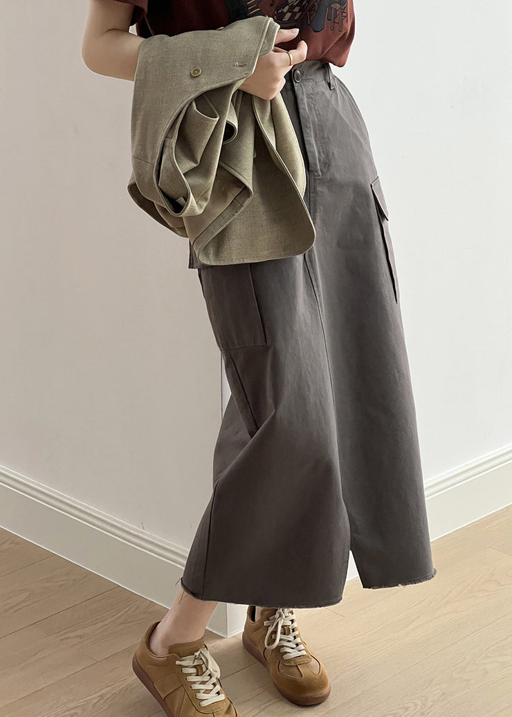 Fine Khaki Pockets High Waist Side Open Cotton Skirt Fall