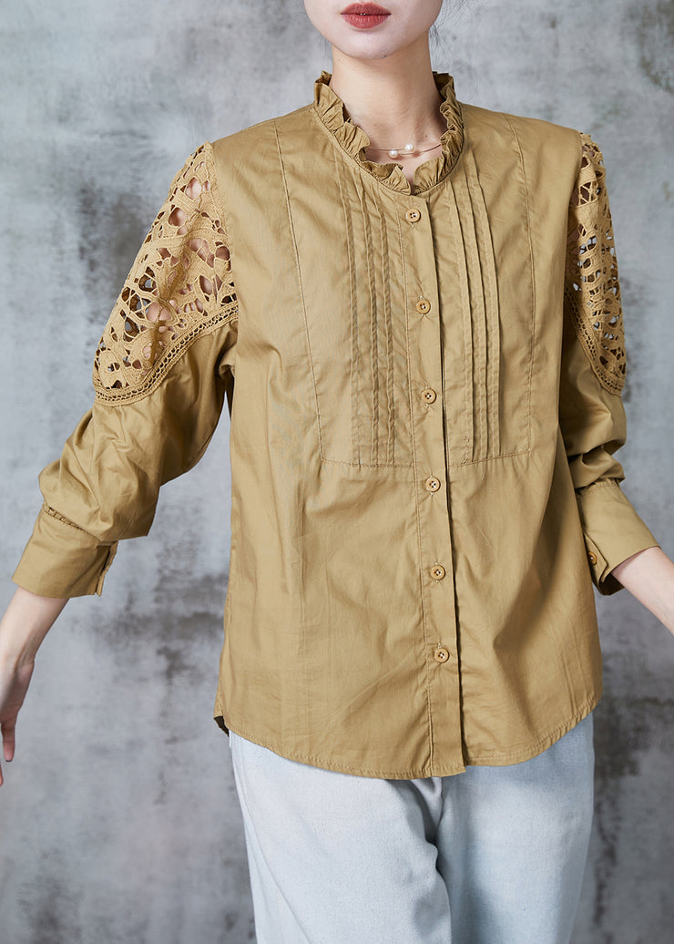 Fine Khaki Ruffled Patchwork Cotton Blouse Tops Summer