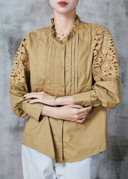 Fine Khaki Ruffled Patchwork Cotton Blouse Tops Summer