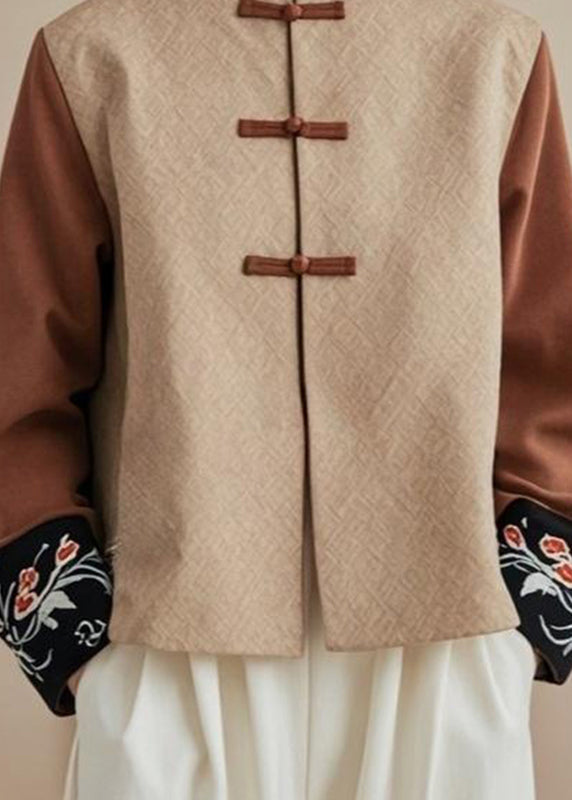 Fine Khaki Stand Collar Patchwork Coats Fall