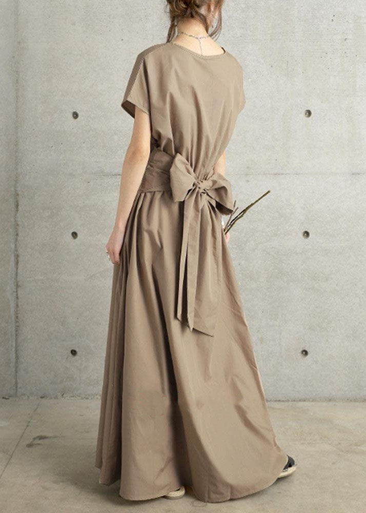 Fine Khaki V Neck Wrinkled Patchwork Cotton Long Dress Summer