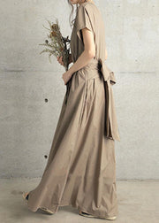 Fine Khaki V Neck Wrinkled Patchwork Cotton Long Dress Summer