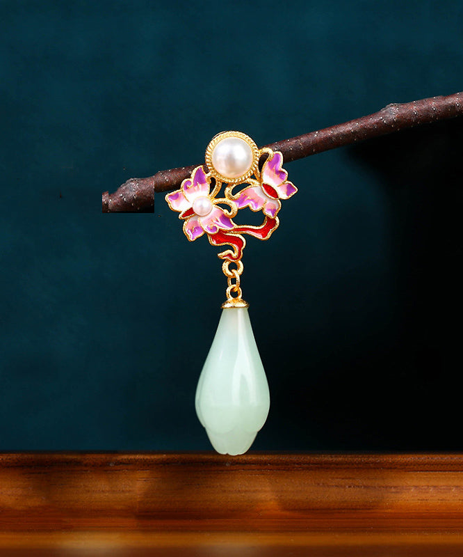 Fine Light Green Copper Overgild Pearl Jade Butterfly Floral Drop Earrings