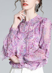 Fine Light Purple Ruffled Print Button Silk Shirts Long Sleeve