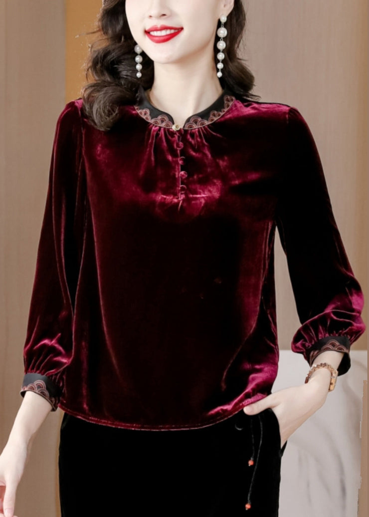 Fine Mulberry Mandarin Collar Silk Velour Shirt Top Spring