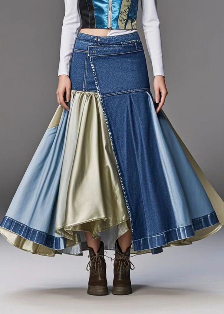 Fine Navy Asymmetrical Patchwork Exra Large Hem Denim Wraped Skirt Fall