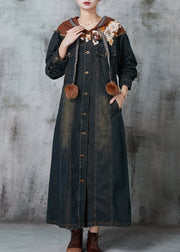 Fine Navy Floral Patchwork Denim Long Dresses Spring