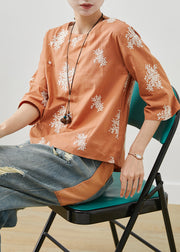 Fine Orange Embroidered Cotton Top Half Sleeve