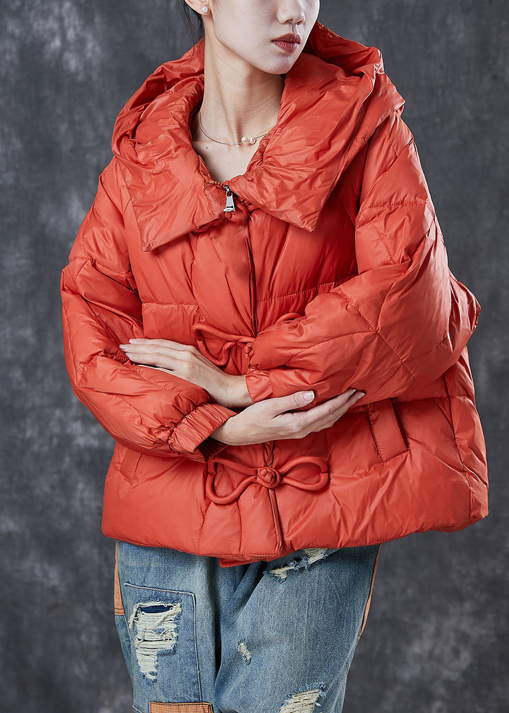 Fine Orange Hooded Drawstring Duck Down Puffer Coat Winter