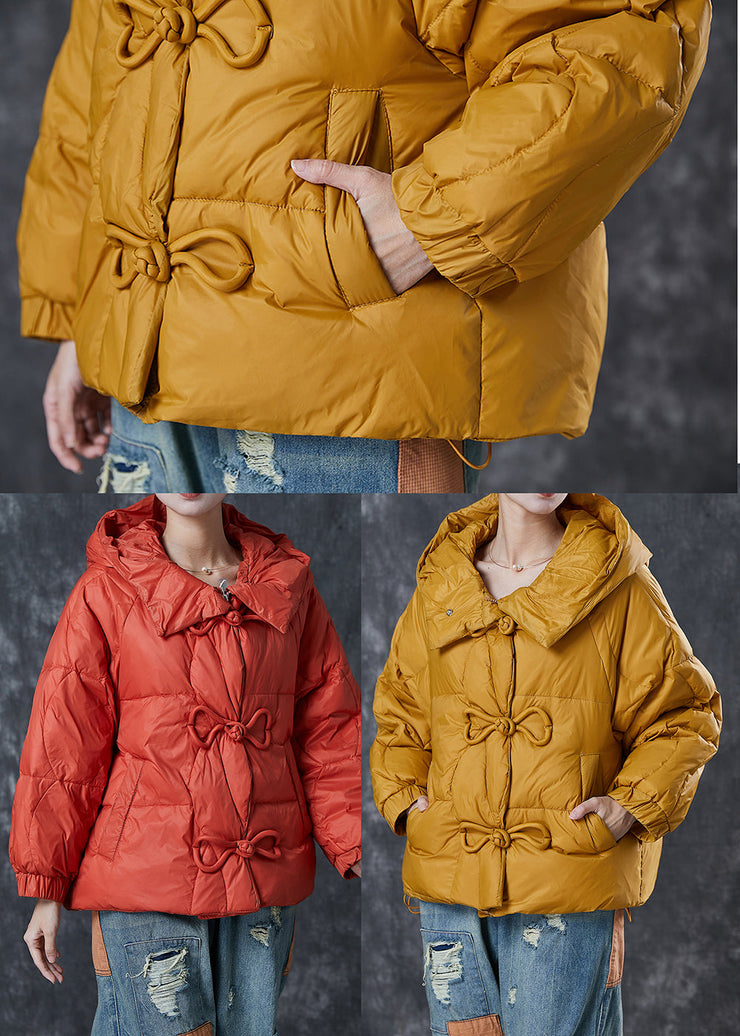 Fine Orange Hooded Drawstring Duck Down Puffer Coat Winter