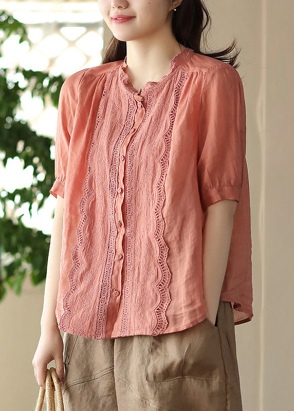 Fine Orange O-Neck Patchwork Hollow Out Button Ramie Shirts Short Sleeve