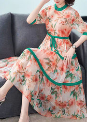 Fine Orange Print Exra Large Hem Chiffon Cinched Dress Summer