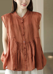 Fine Orange Stand Collar Patchwork Wrinkled Button Ramie Shirts Summer