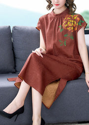 Fine Orange Stand Collar Print Side Open Silk Robe Dresses Summer