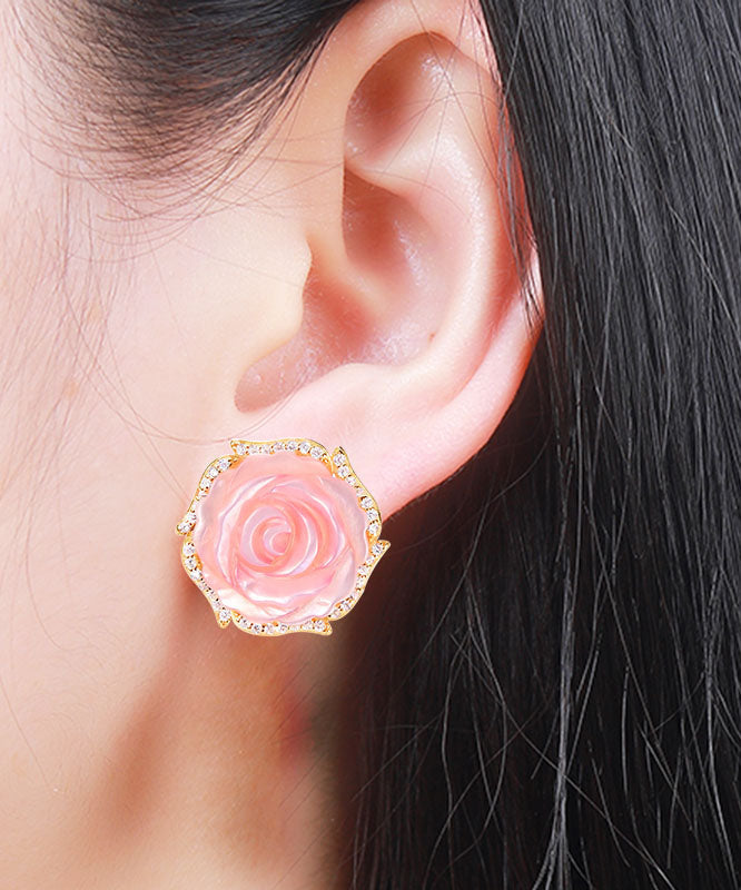 Fine Pink 14K Gold Zircon Rose Stud Earrings