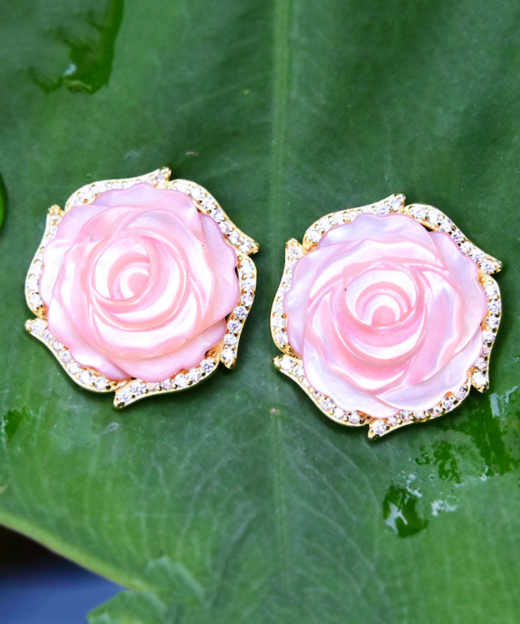 Fine Pink 14K Gold Zircon Rose Stud Earrings