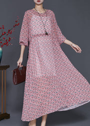 Fine Pink Cinched Print Chiffon Vacation Dresses Summer