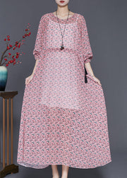 Fine Pink Cinched Print Chiffon Vacation Dresses Summer