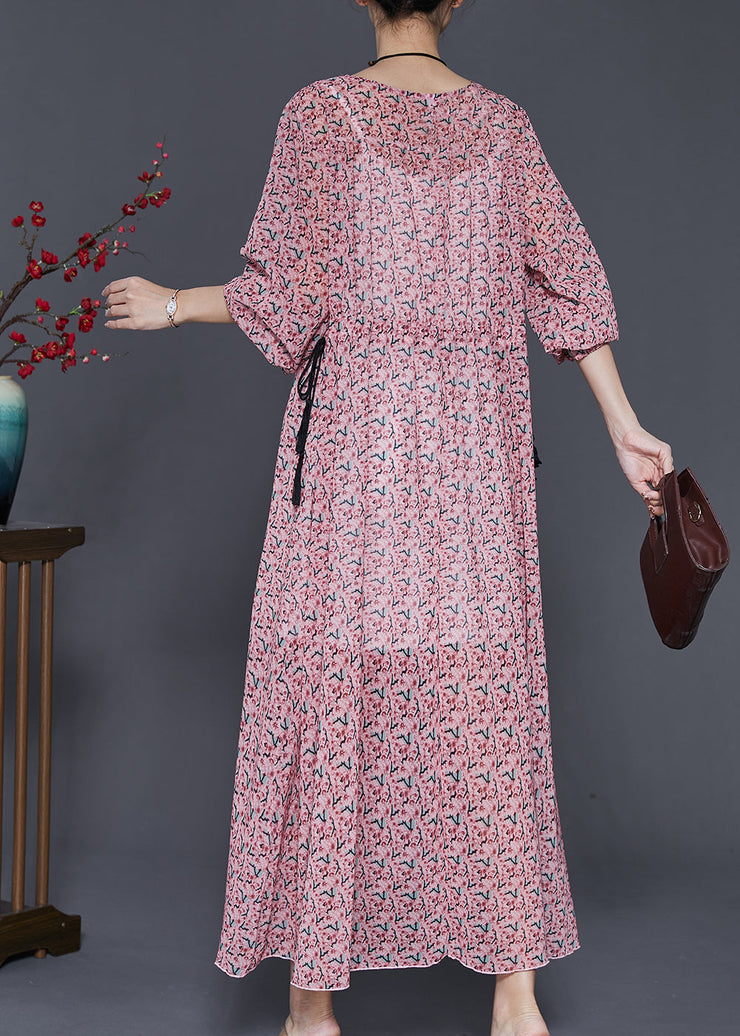 Fine Pink Cinched Print Chiffon Vacation Dresses Summer