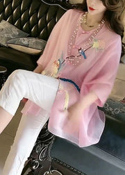 Fine Pink O-Neck Embroideried Floral Button Silk Shirt Summer