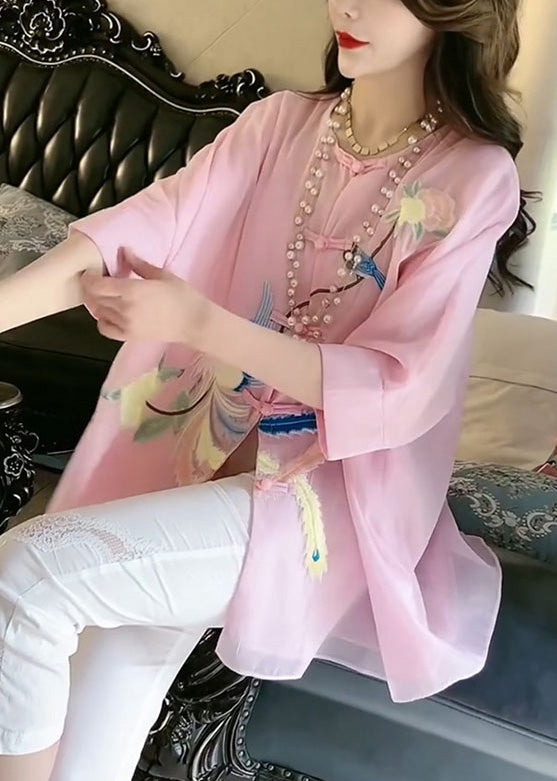 Fine Pink O-Neck Embroideried Floral Button Silk Shirt Summer