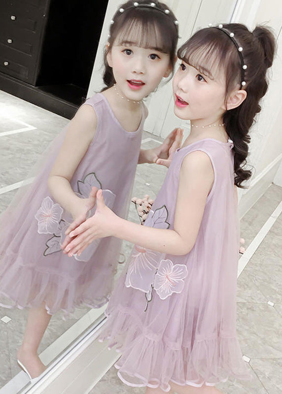 Fine Pink O-Neck Patchwork Embroideried Patchwork Tulle Girls Long Dresses Sleeveless