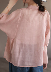 Fine Pink Peter Pan Collar Patchwork Button Linen Shirt Summer