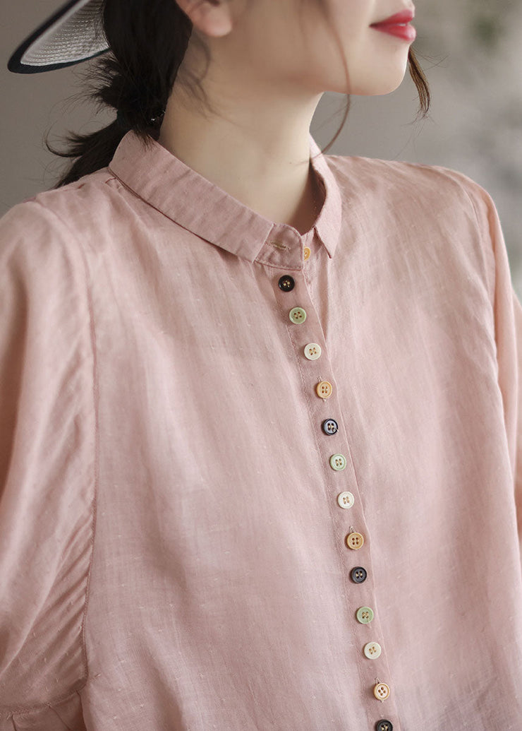 Fine Pink Peter Pan Collar Patchwork Button Linen Shirt Summer