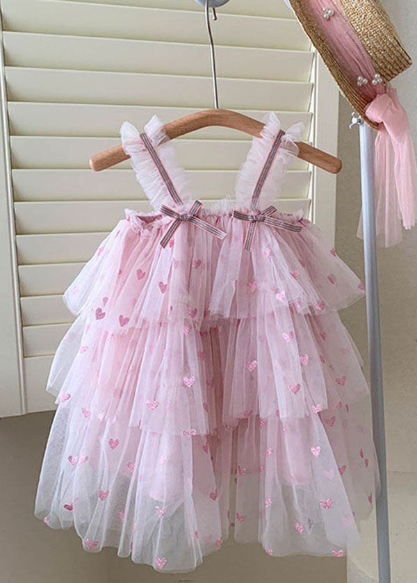 Fine Pink Ruffled Layered Patchwork Tulle Baby Girls Dresses Summer